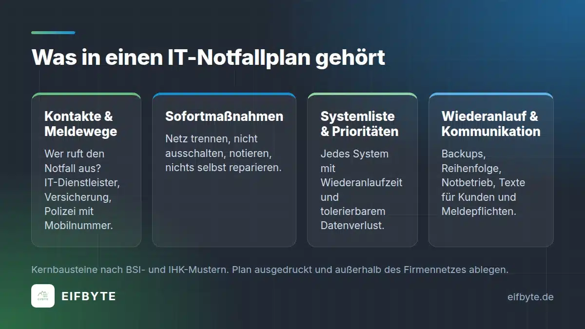 IT-Notfallplan: die vier Bausteine Kontakte, Sofortmaßnahmen, Systemliste und Wiederanlauf